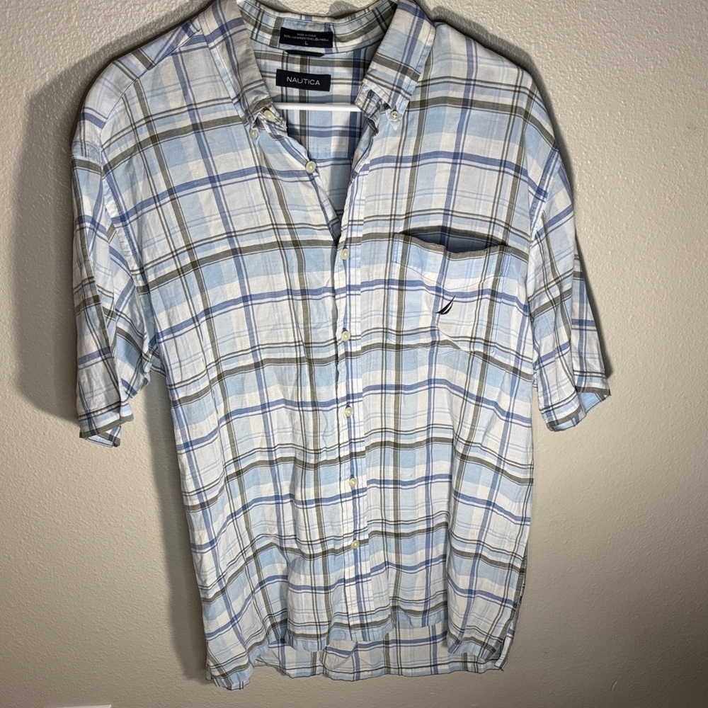 Nautica Men's Light Blue and White Plaid Shirt -24 sku